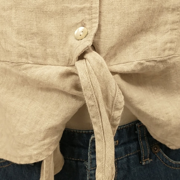 Natural 100% Linen Short Tie Front Top Sexy Safari Neutral Shirt 41" Bust MrkLg - Picture 5 of 13